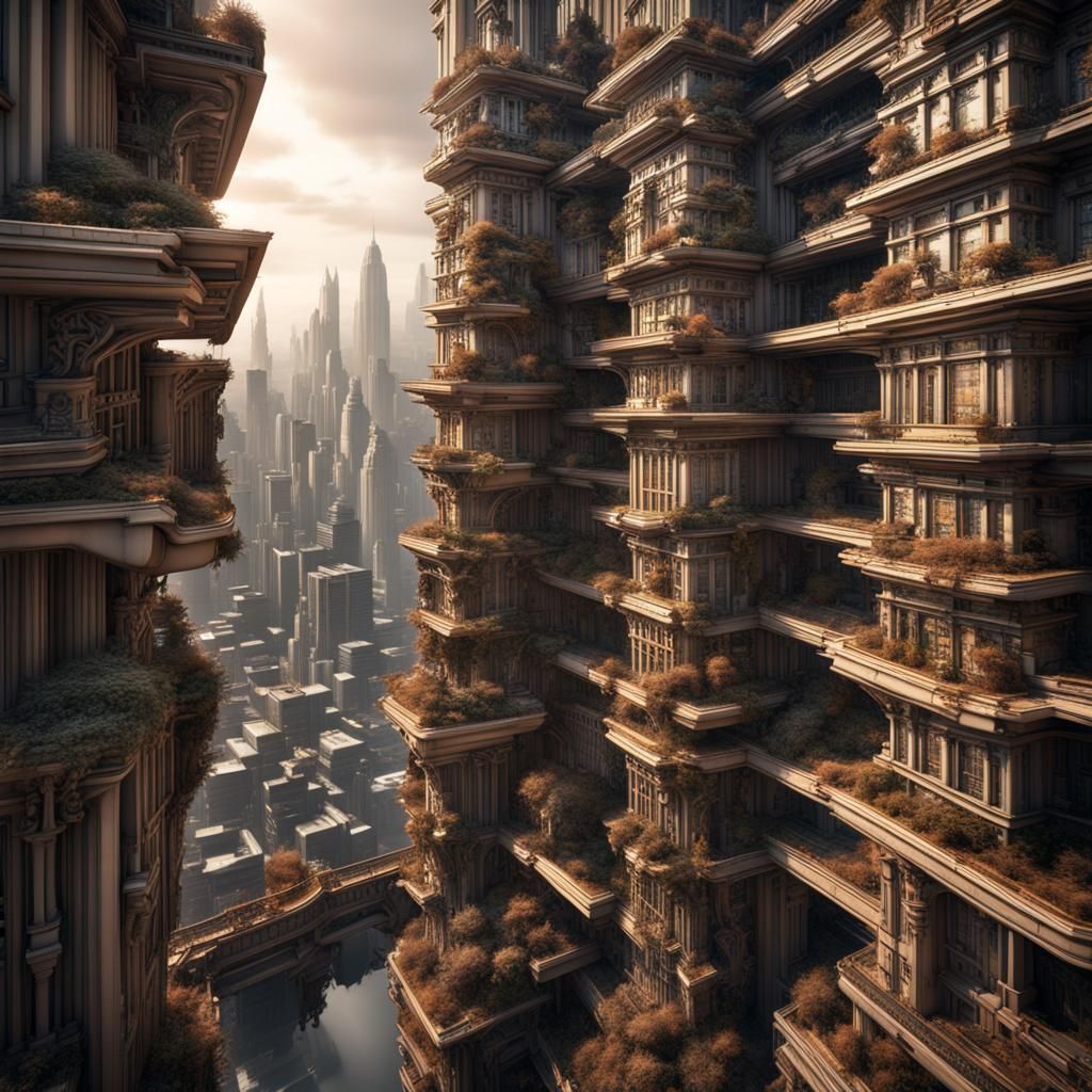Escher Style, Fantasy, skyscraper, futuristic megacity
