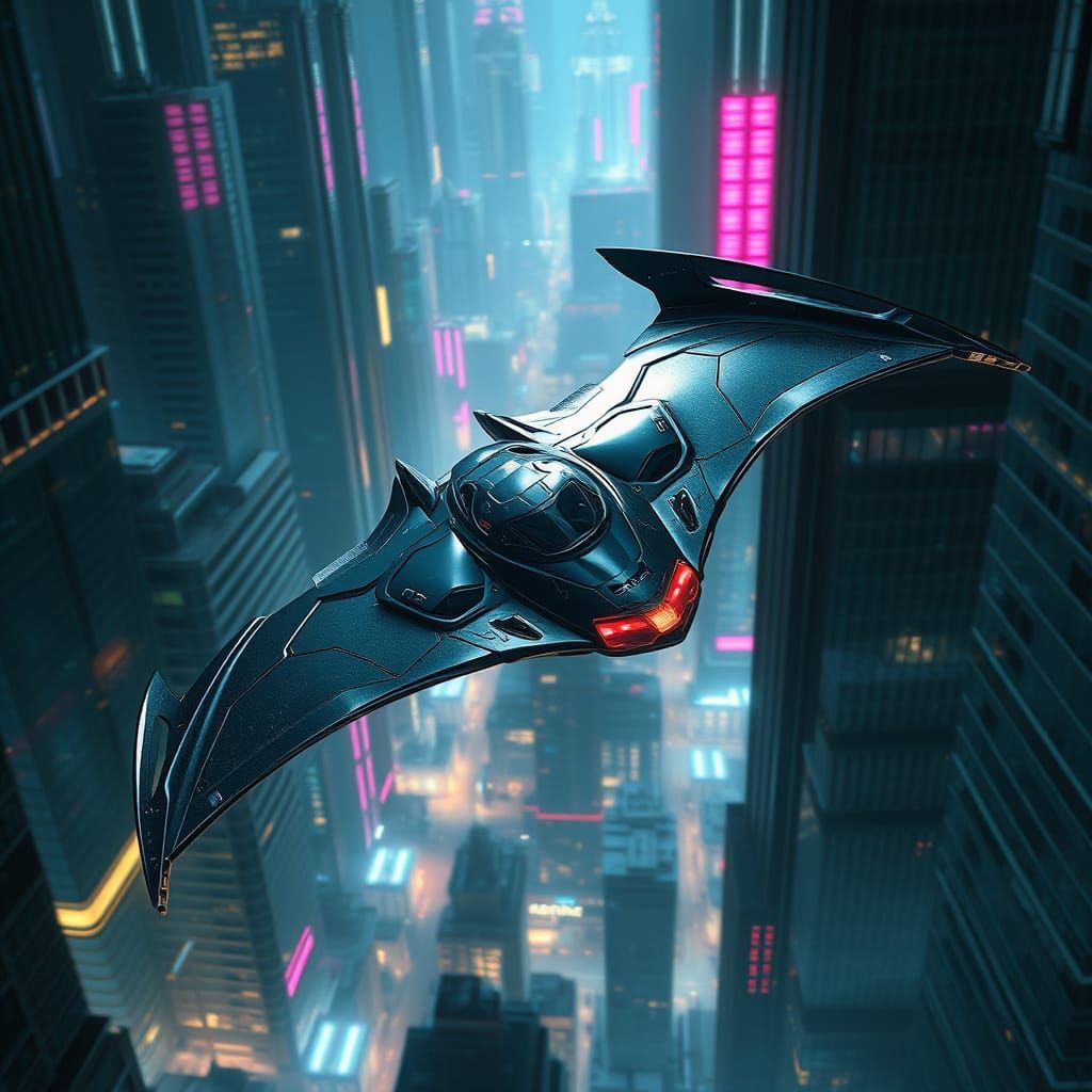 Futuristic Batwing Soaring Through Neon Cityscape