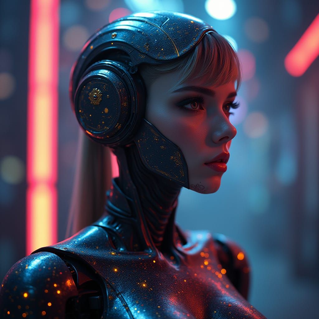 Hyperrealistic Robot Woman, Splash Art, Cinematic Lighting