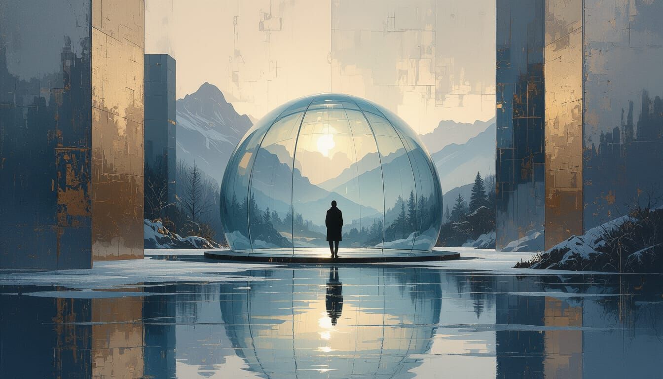 Solitary Figure in Abstract Frozen Cityscape Painting