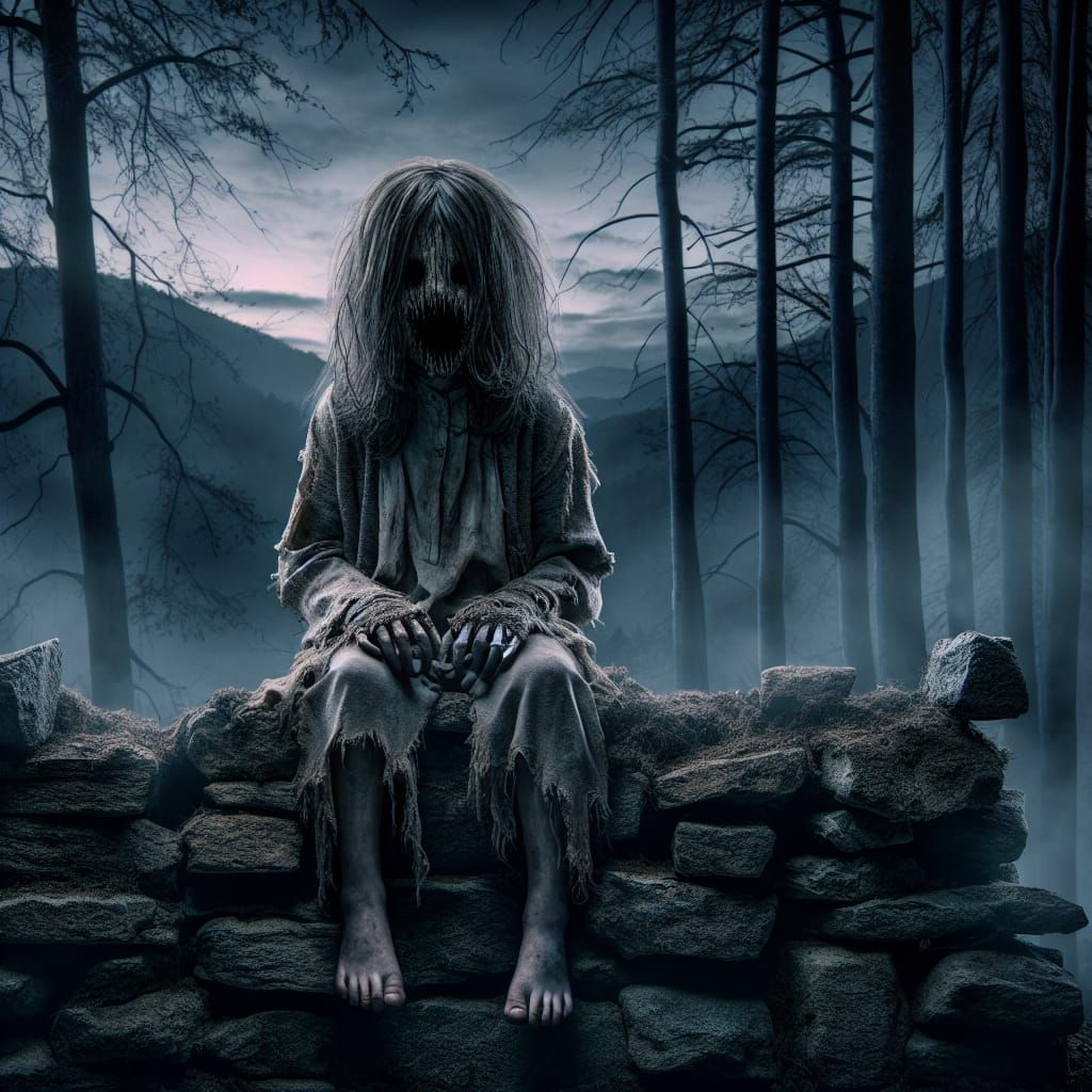 Eerie Faceless Child on Crumbling Wall at Twilight