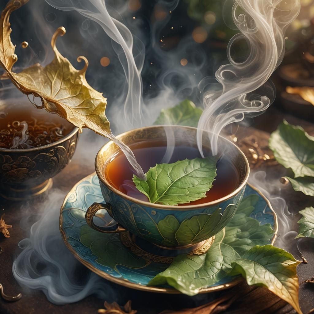 Leaf in Steaming Tea Cup: Fantasy Matte Painting