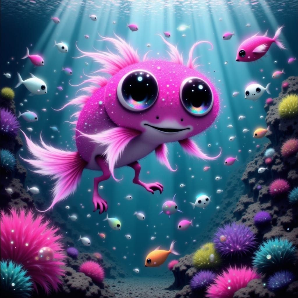 Flamingo-Fish Hybrid in Surreal Aquarium, Mixed Media Style