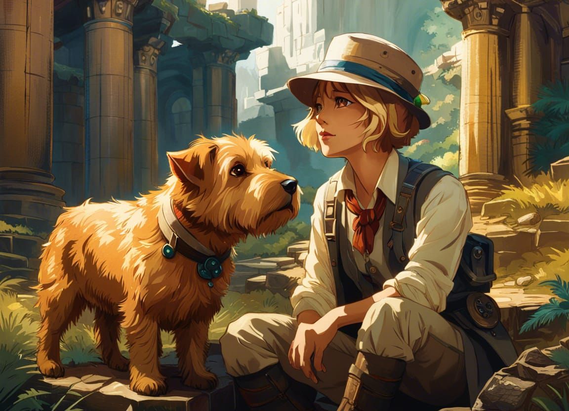 Anime Anthro Norfolk Terrier Archaeologist in Ancient Ruins