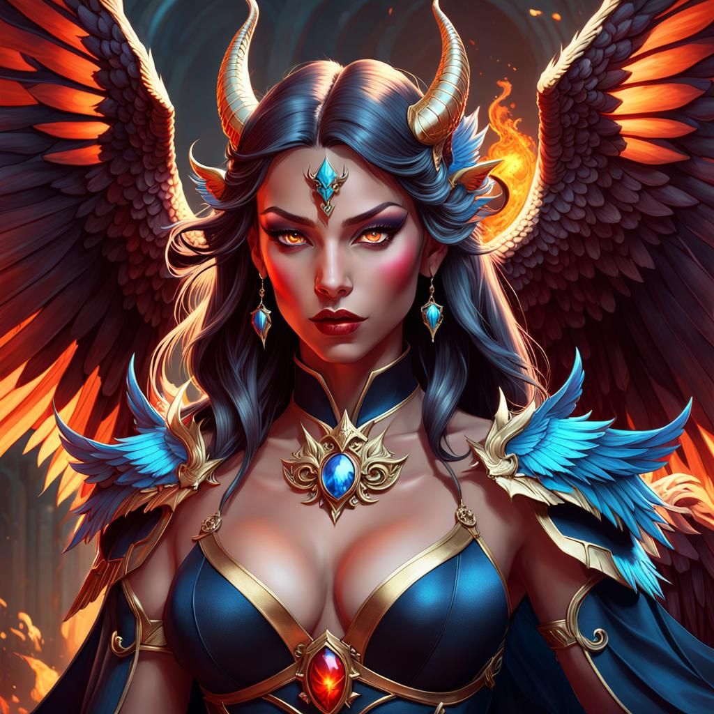 Demon Countess with Griffin Wings in Synthwave Style