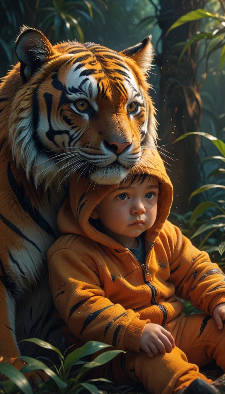 Whimsical Tiger Cub and Boy Bond in Vibrant Sunset Glow