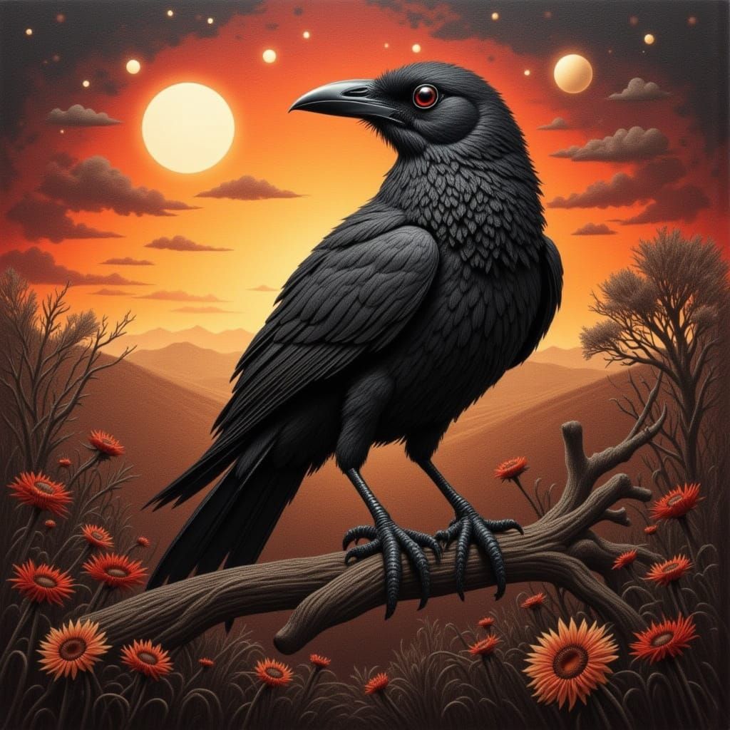 Crow Perched at Sundown on a Branch