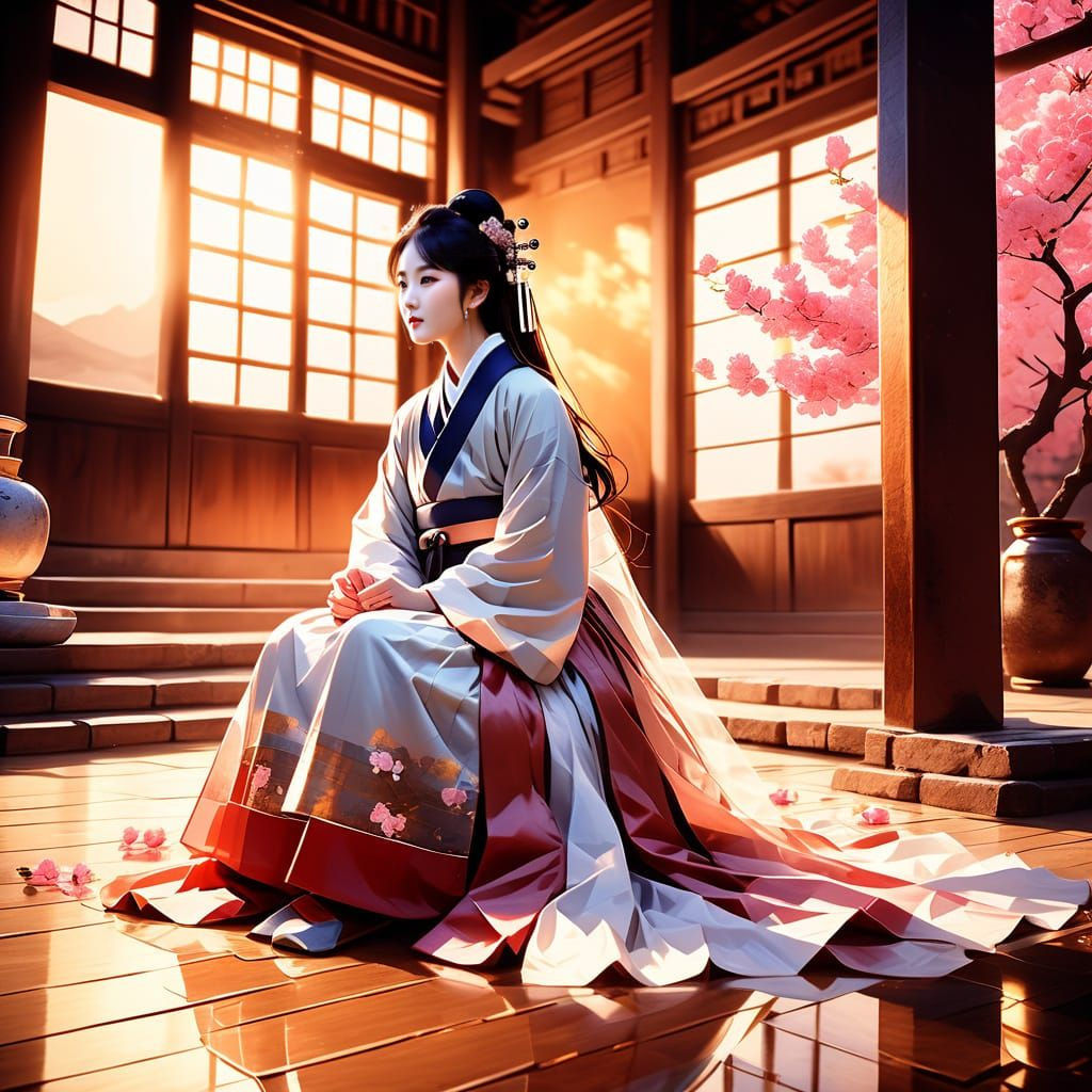 Elegant Joseon Dynasty Noblewoman with Cherry Blossoms