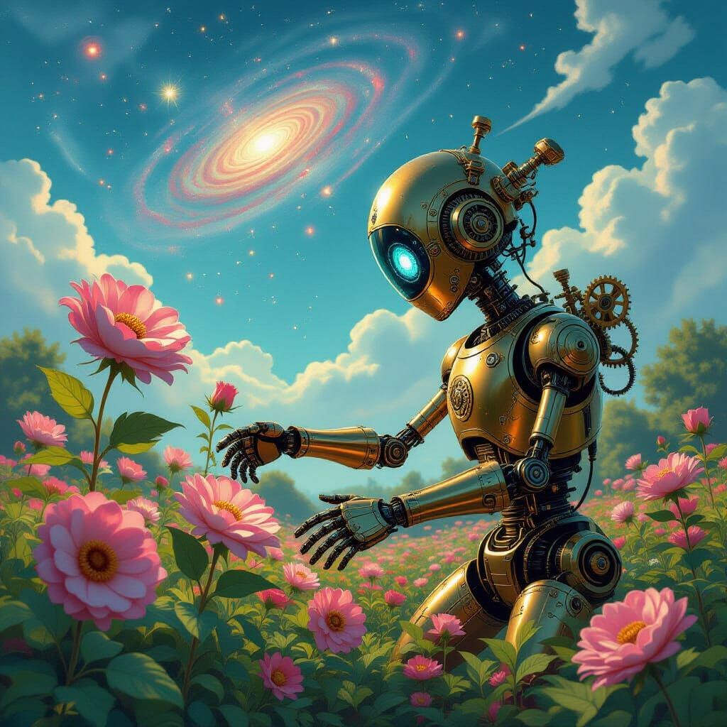 Automaton Gardener Tends Clockwork Flowers Under Nebula Sky