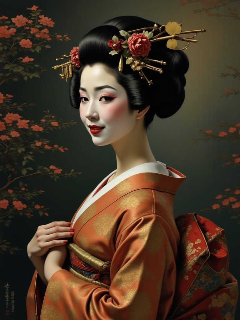 Serene Geisha in Dark, Ink-Washed Splendor with Gold Accents