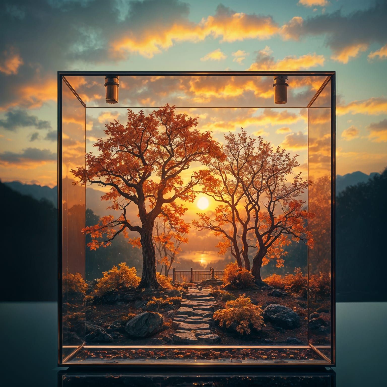 Autumn Sunset in Nested Glass Boxes, Photorealistic 8K