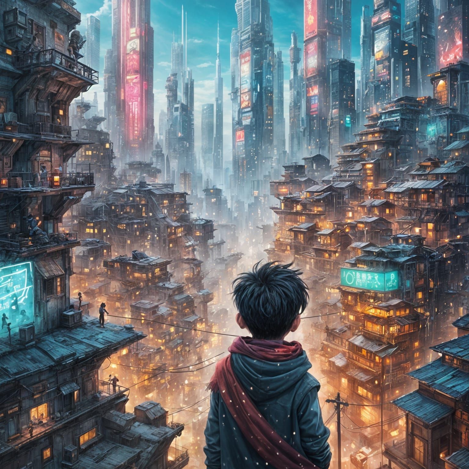 Cyberpunk Cityscape with Child in Scarf