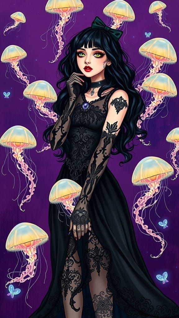 Gothic Emo Woman Enchanted by Bioluminescent Jellyfish in a ...
