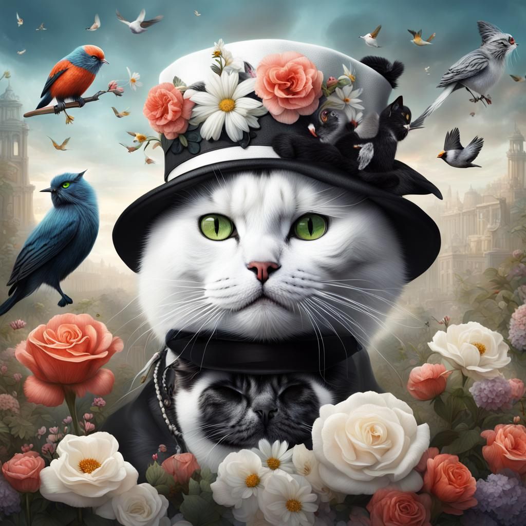 Cat with Flowers and Birds: Digital Matte Painting
