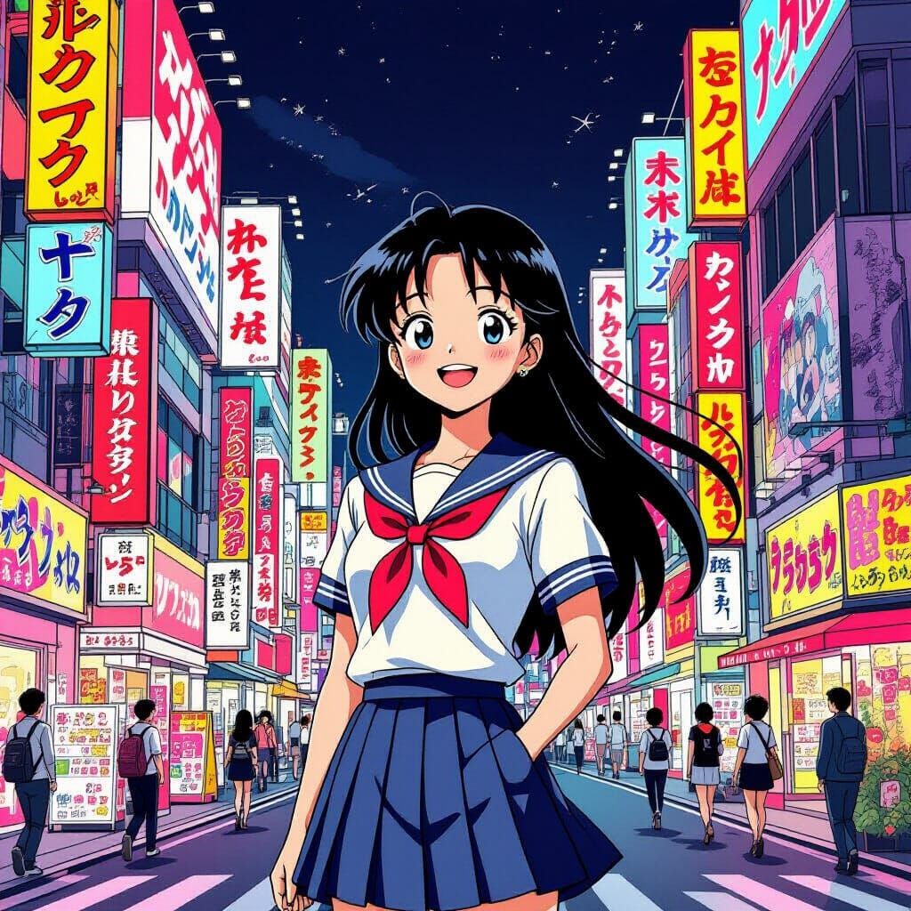 Usagi Takasago in Vibrant Tokyo Street, Comics Style