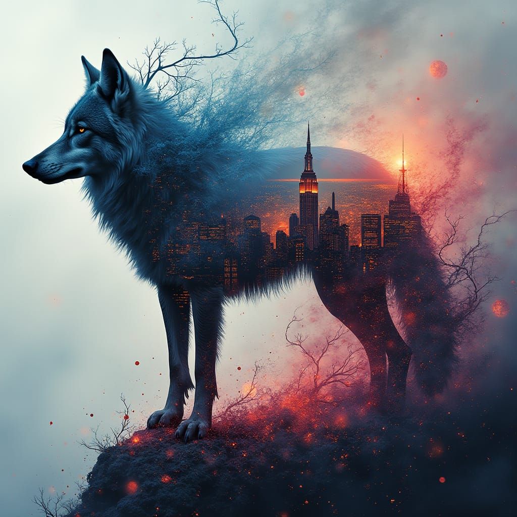 Surreal Wolf Silhouette with Fractal Cityscape