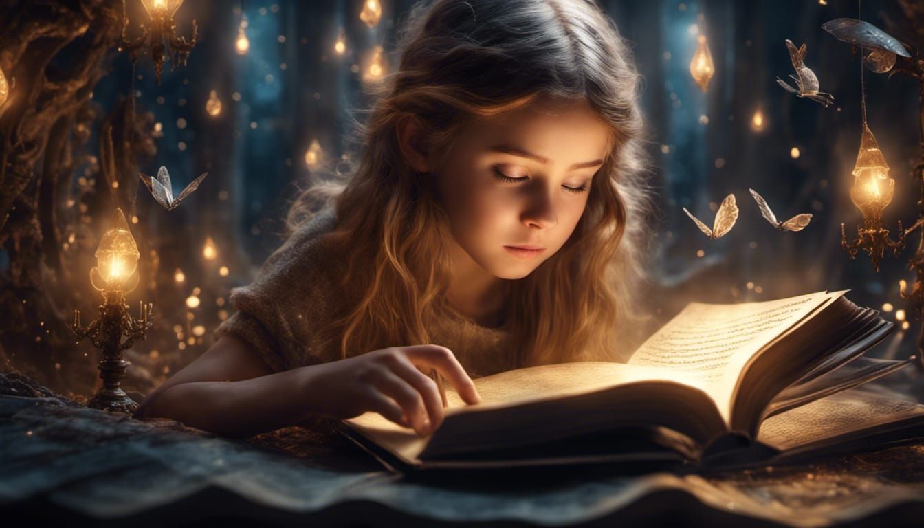 Girl Reading Storybook in Detailed Fantasy Style