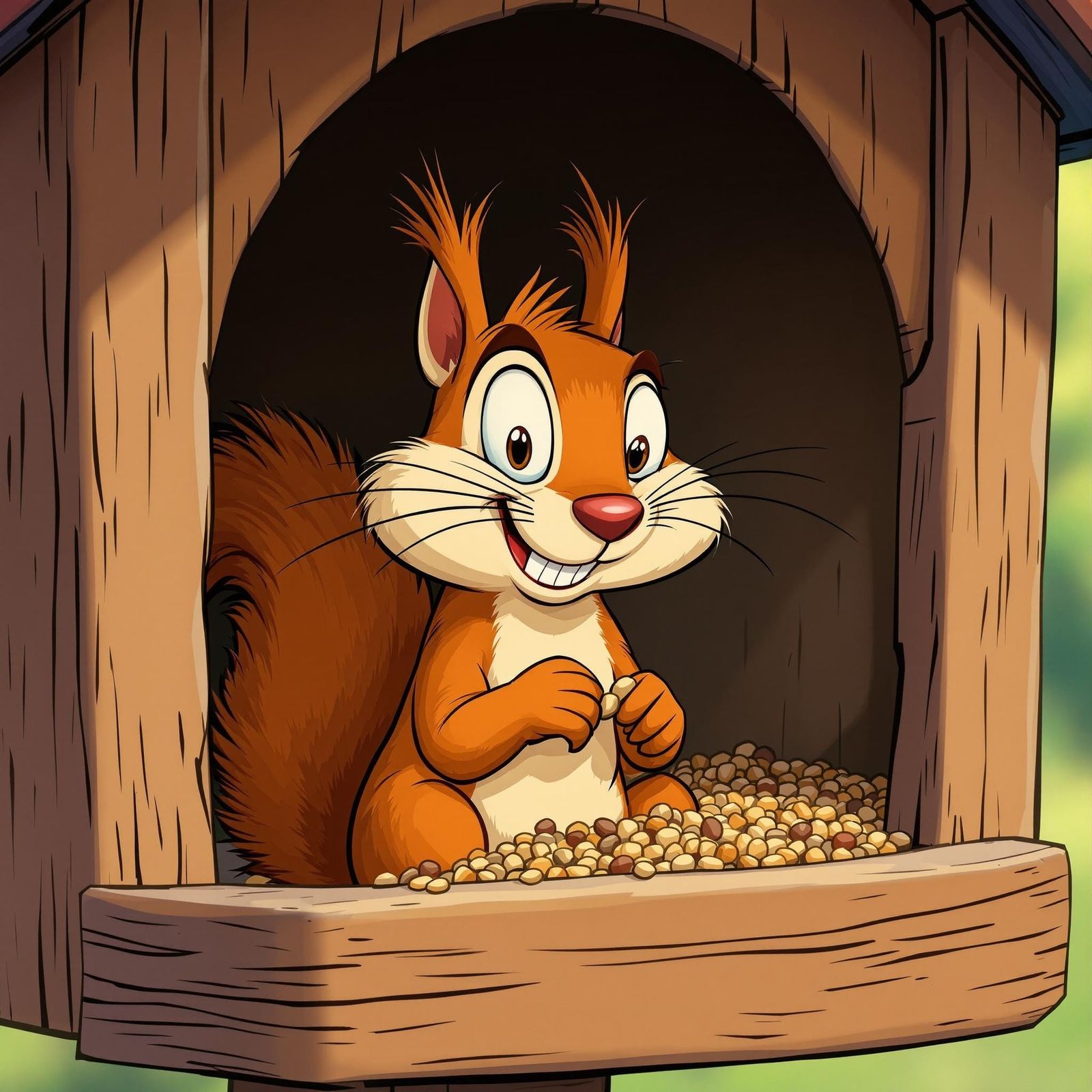 Cartoon Squirrel Stealing Birdseed in Whimsical Style
