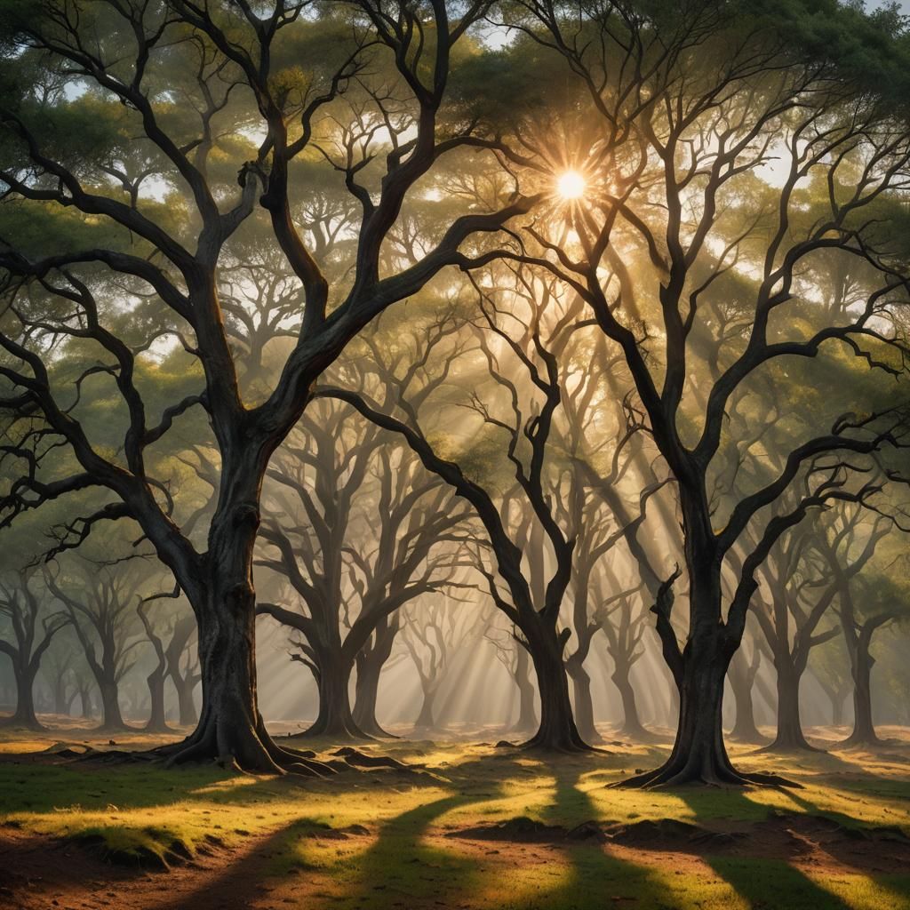 Last one. *PROMT 2**

A breathtaking scene of a hill with trees standing close to the viewer, their trunks thick and gna...