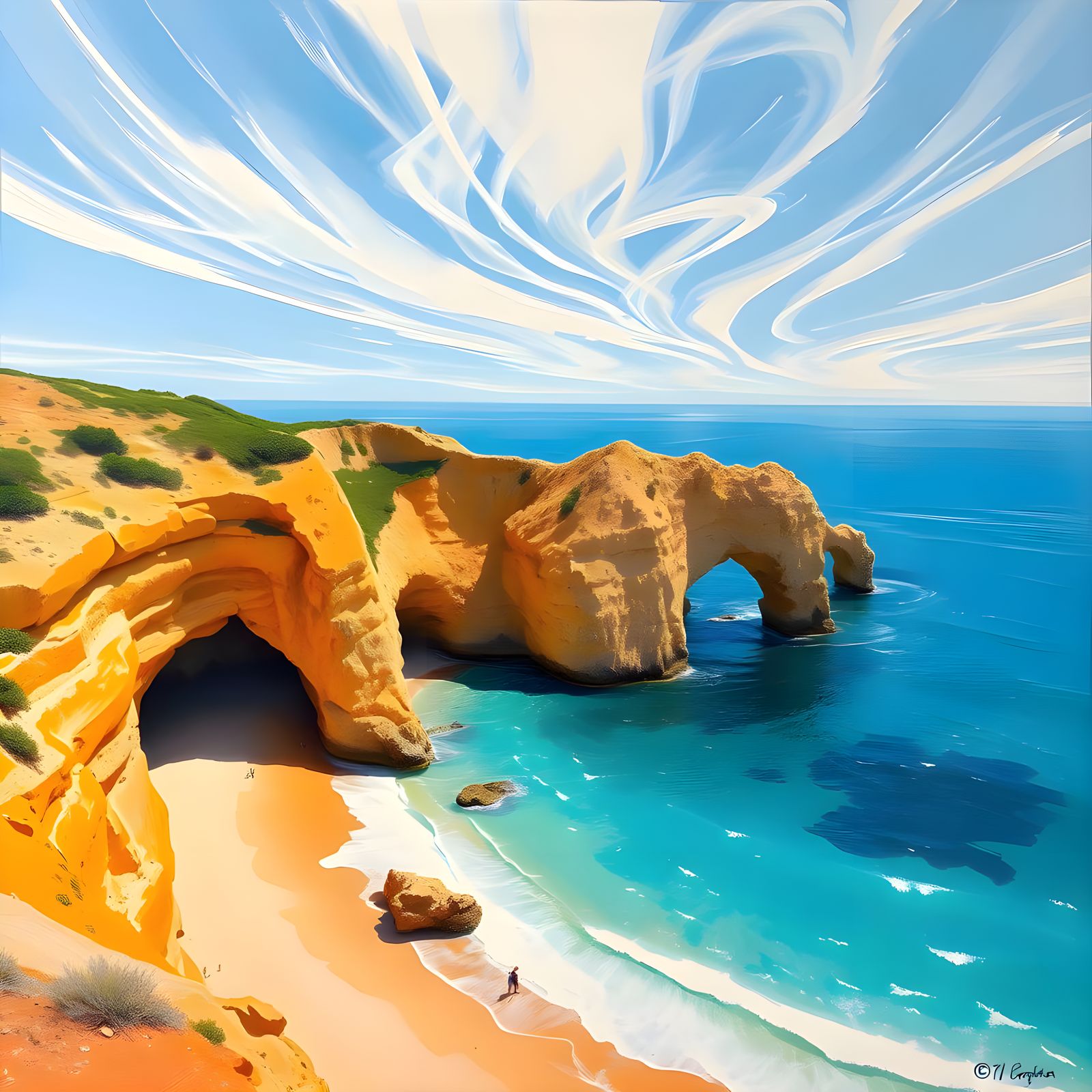 Golden Cliffs Over Turquoise Waters in Algarve, Portugal