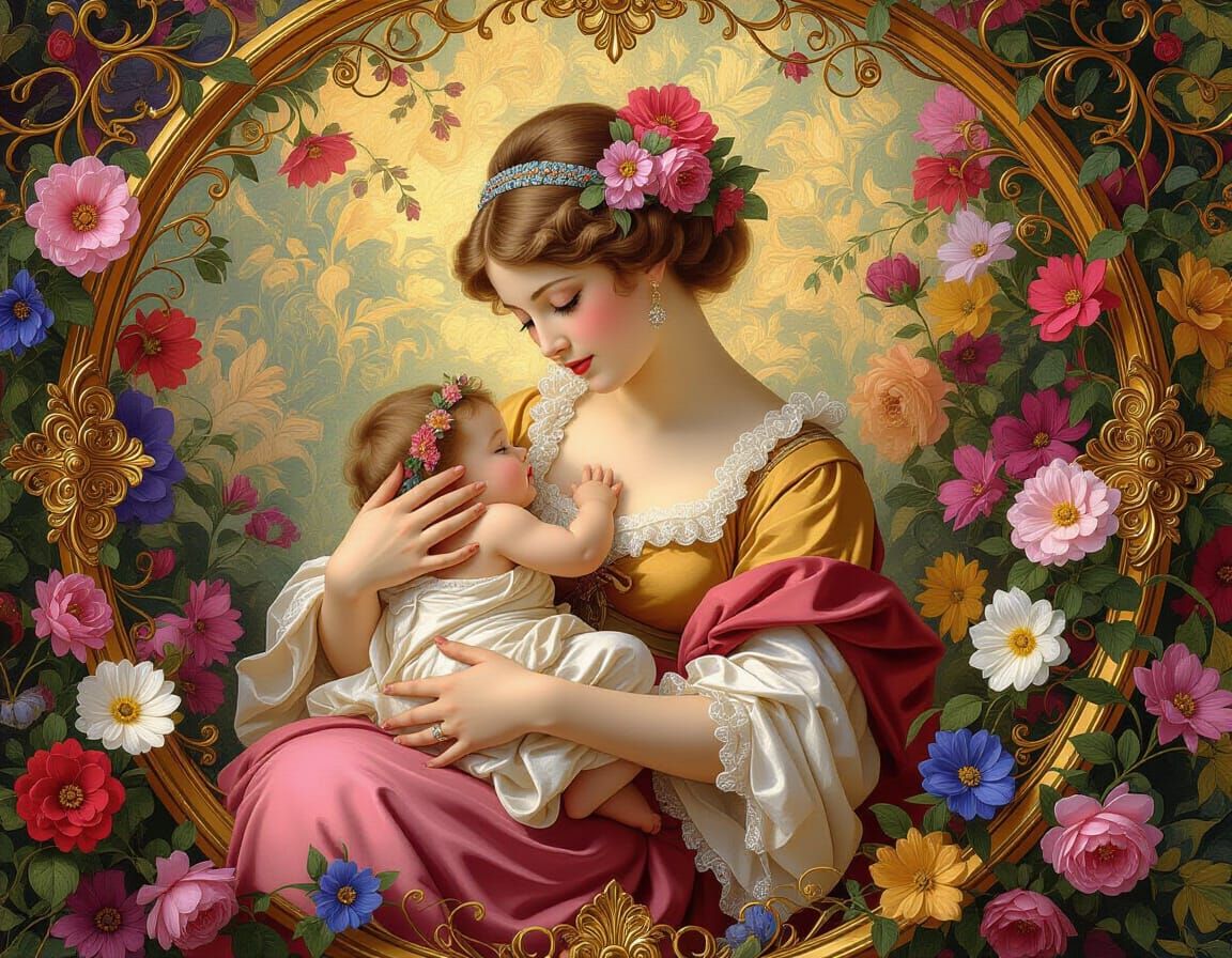 Rococo Motherhood With Flowers and Vines