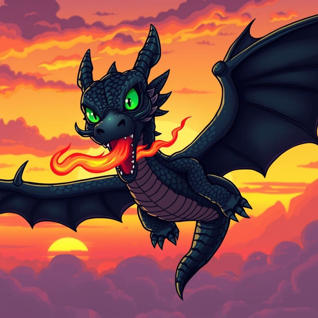 Majestic Black Dragon Soars in Whimsical Sunset