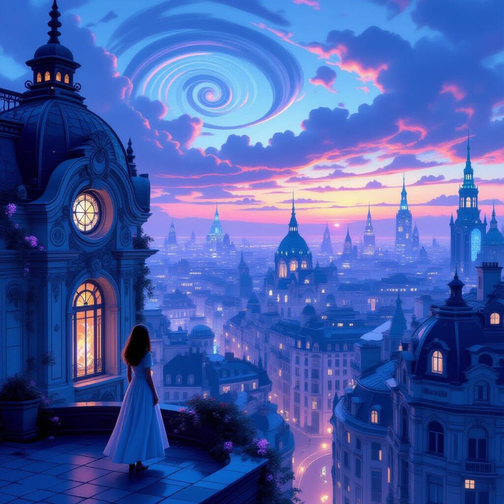 Girl on Rooftop Overlooking Dreamlike Cityscape at Twilight