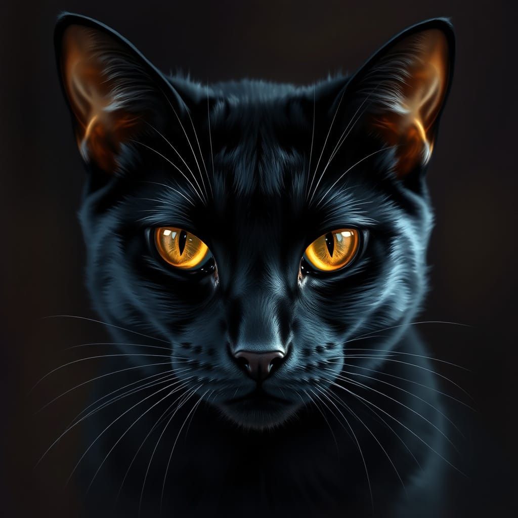 Black Cat Portrait with Amber Eyes in Painterly Style