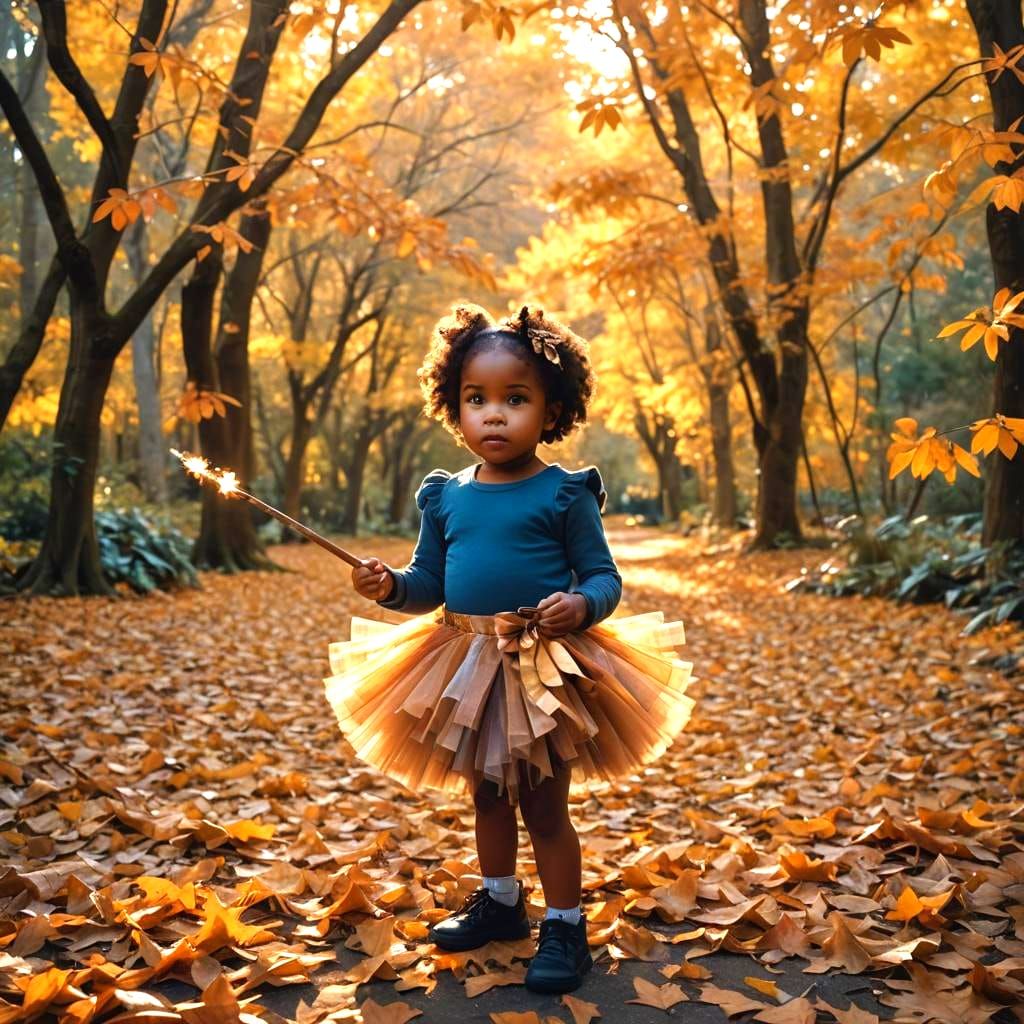 Magical African-American Girl Playing in Autumn Leaves