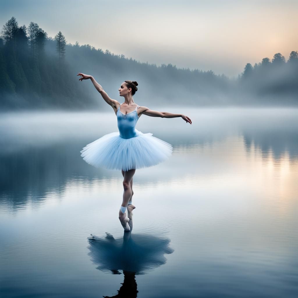 Ballerina as Odile Above Ethereal Lake Mist