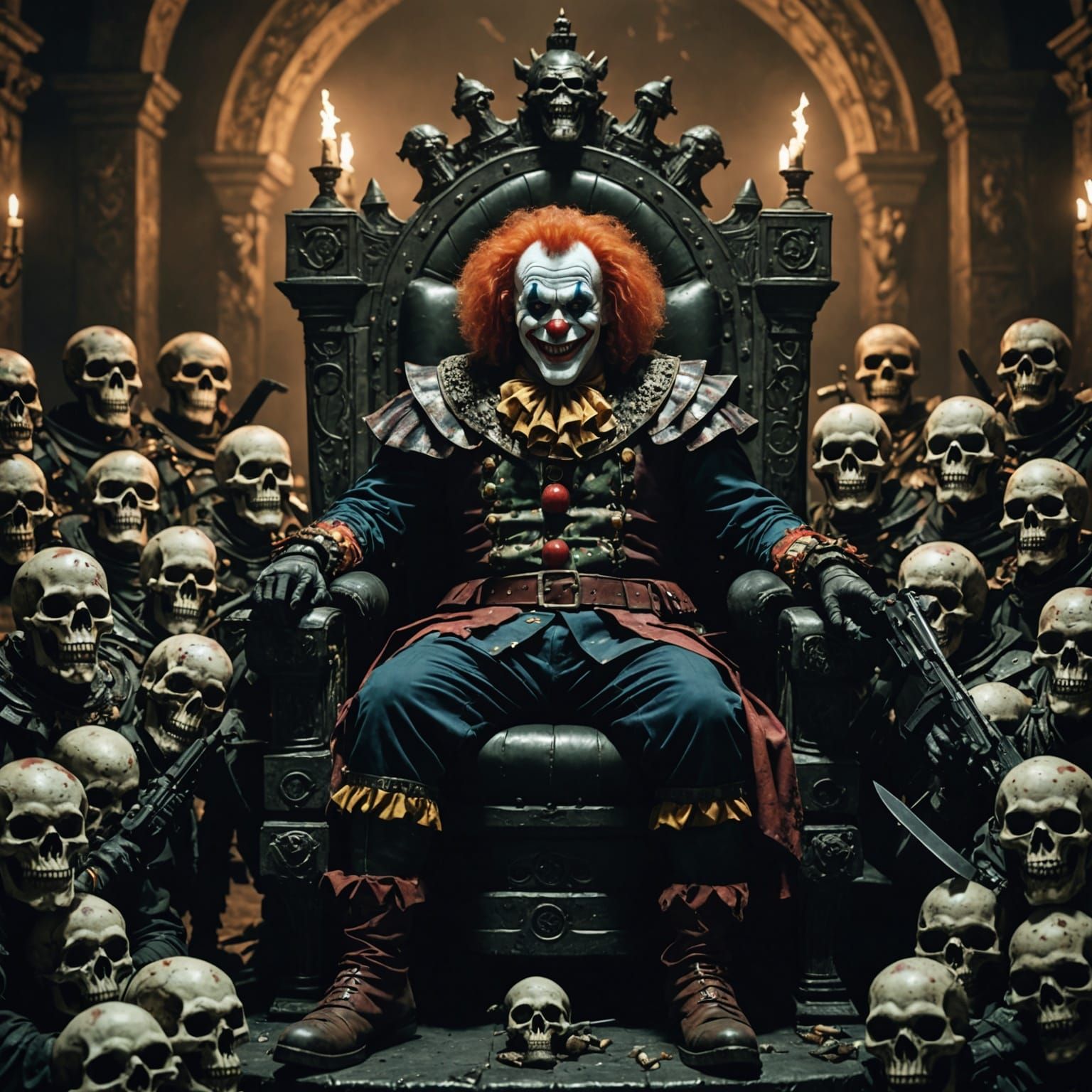 Evil Clown Warlord on Skull Throne: Cinematic Still