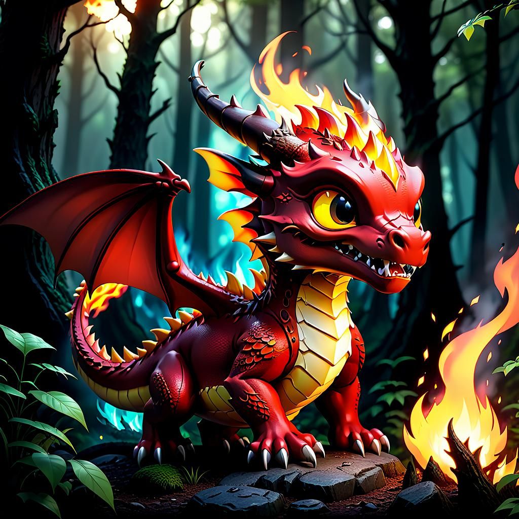 A chibi red baby dragon breathing fire in a forest