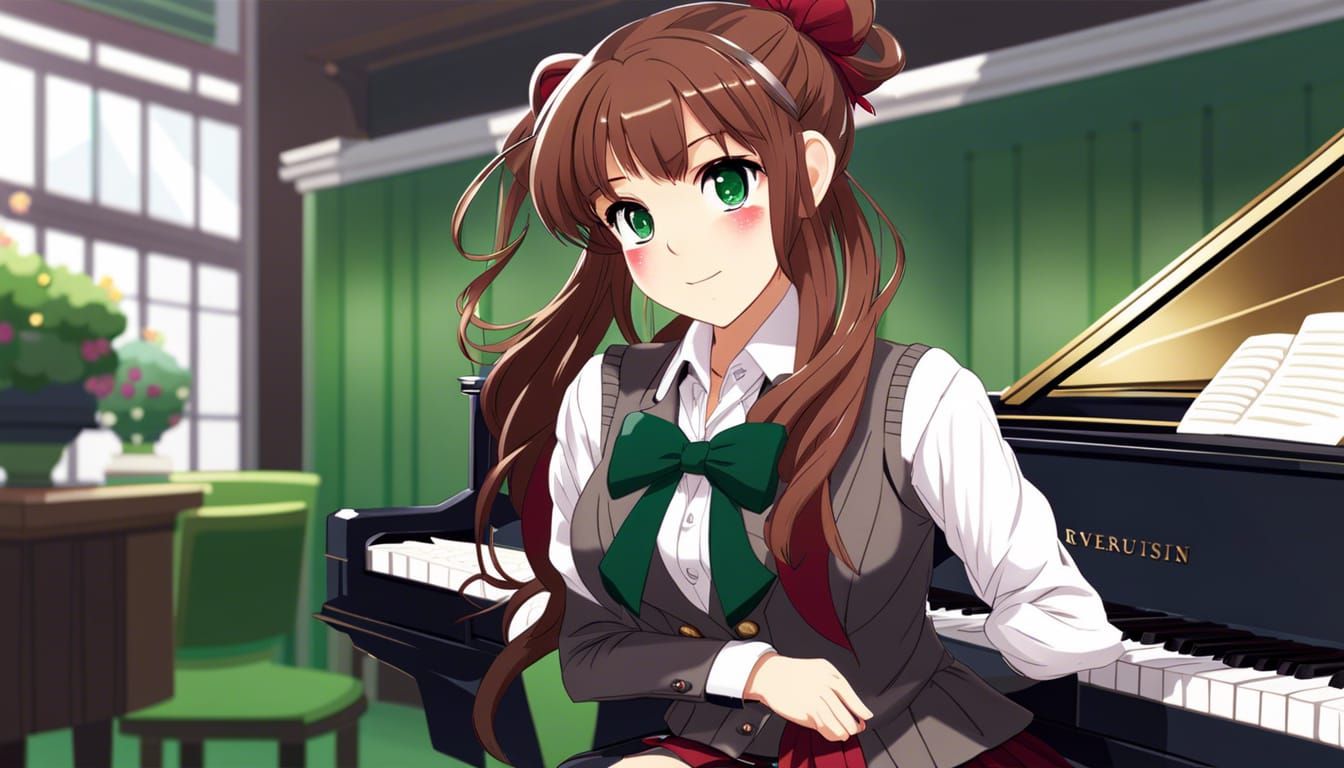 Monika from DDLC Plays Piano in Anime Style