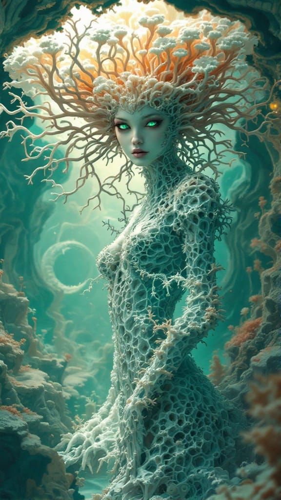 Surreal Humanoid Figure in Fractal Landscape