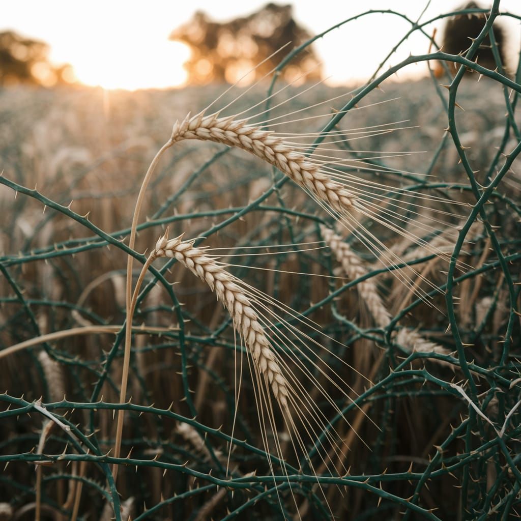 Golden Wheat Entwined with Thorny Vines in a Serene Sunset L...