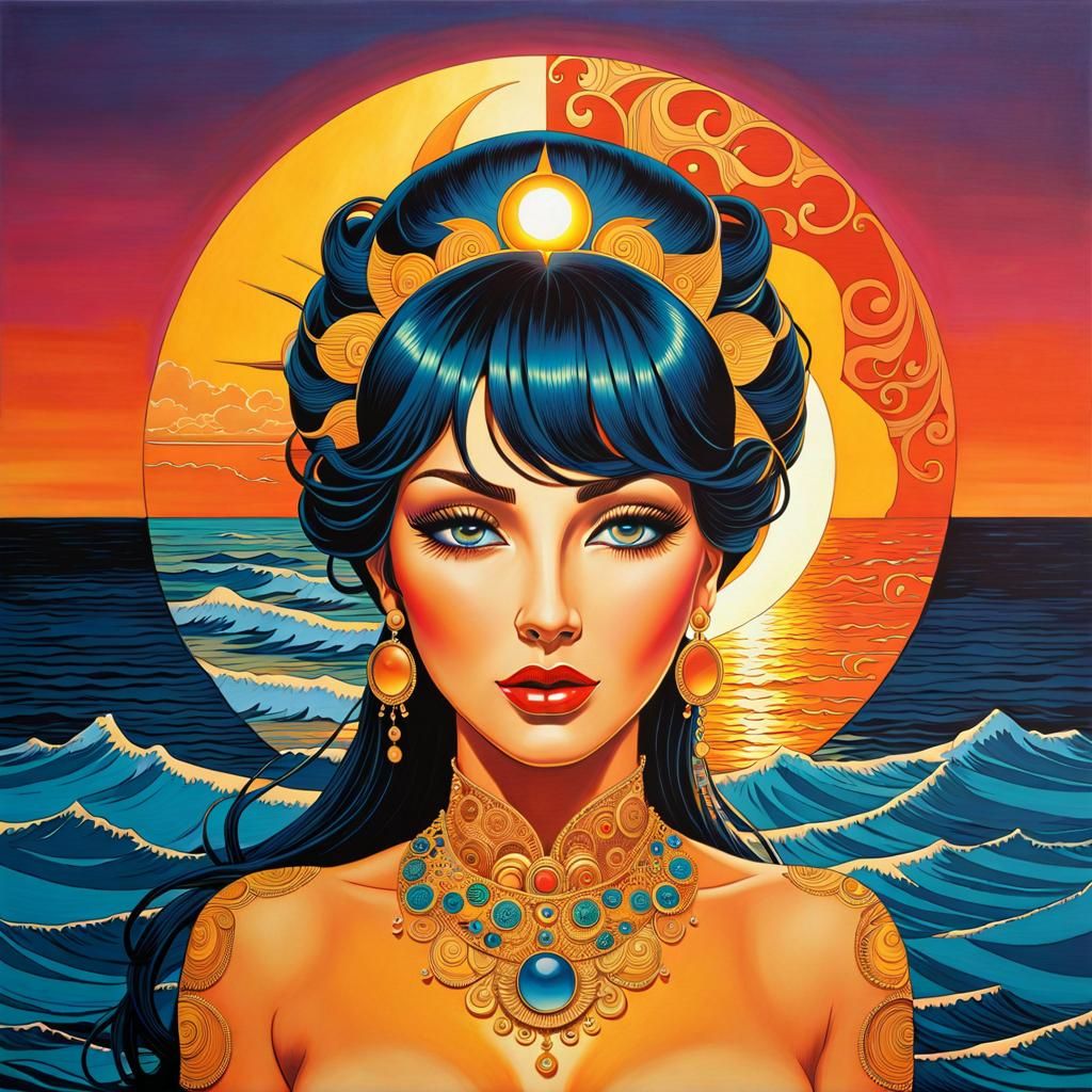 Pop Art Woman with Sun and Moon Face