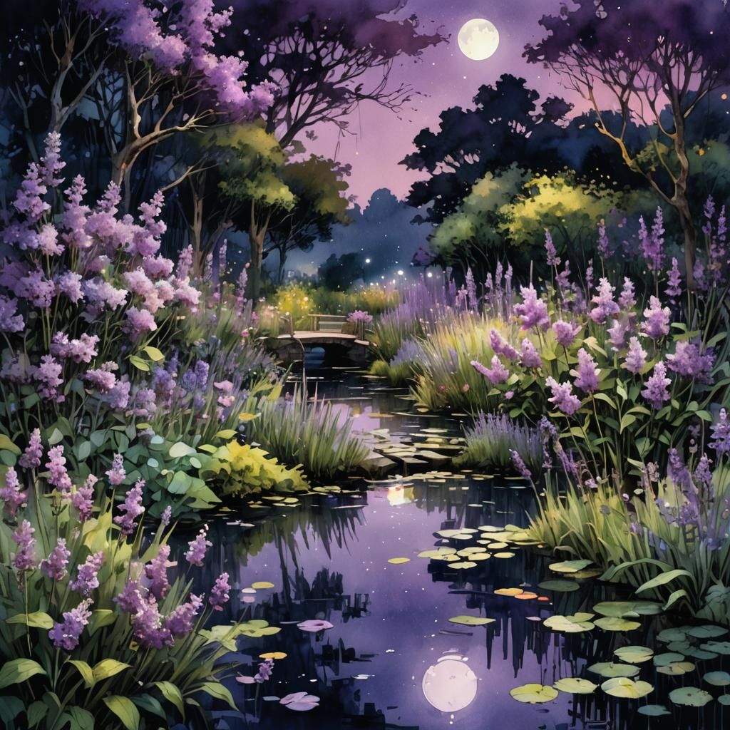 Moonlit Garden with Lilac and Lavender: Watercolor Art