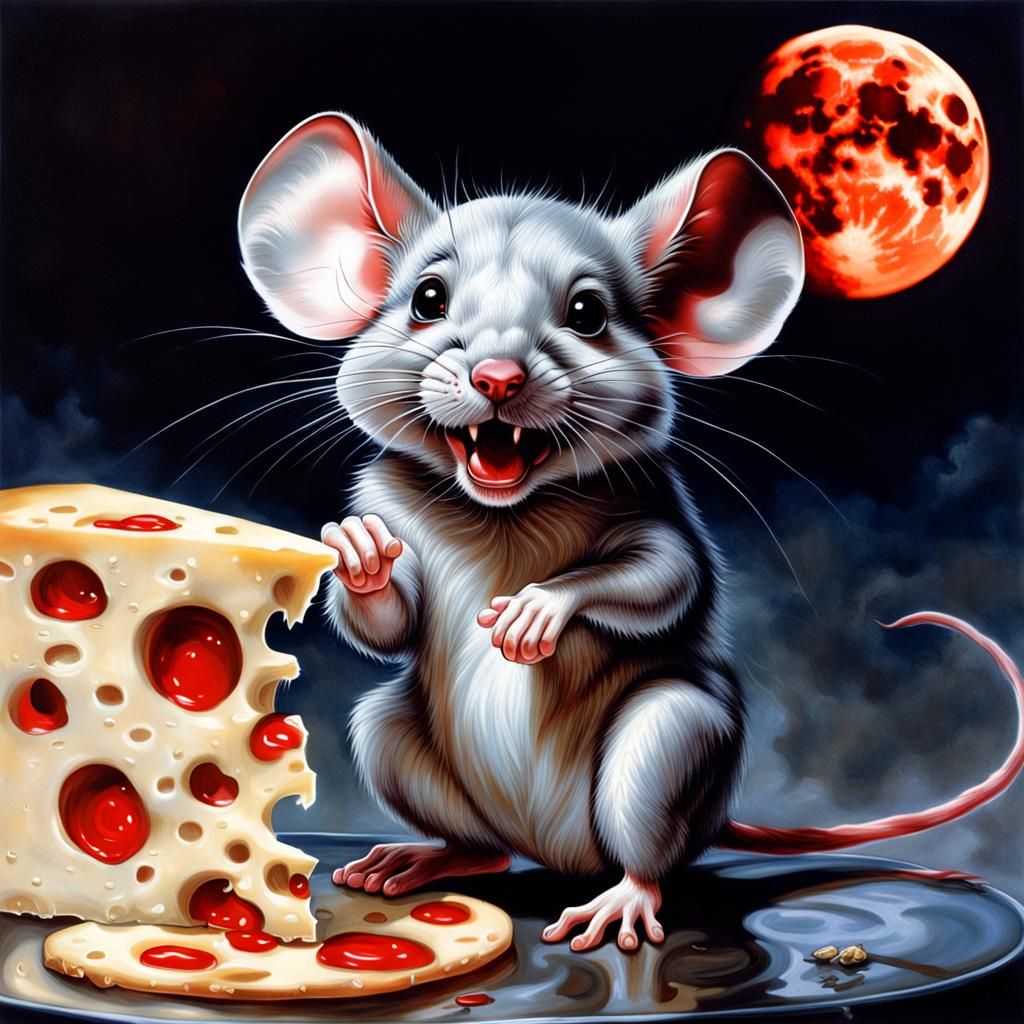 splash art by Hajime Sorayama. Crazy Mouse sits on a cheese....