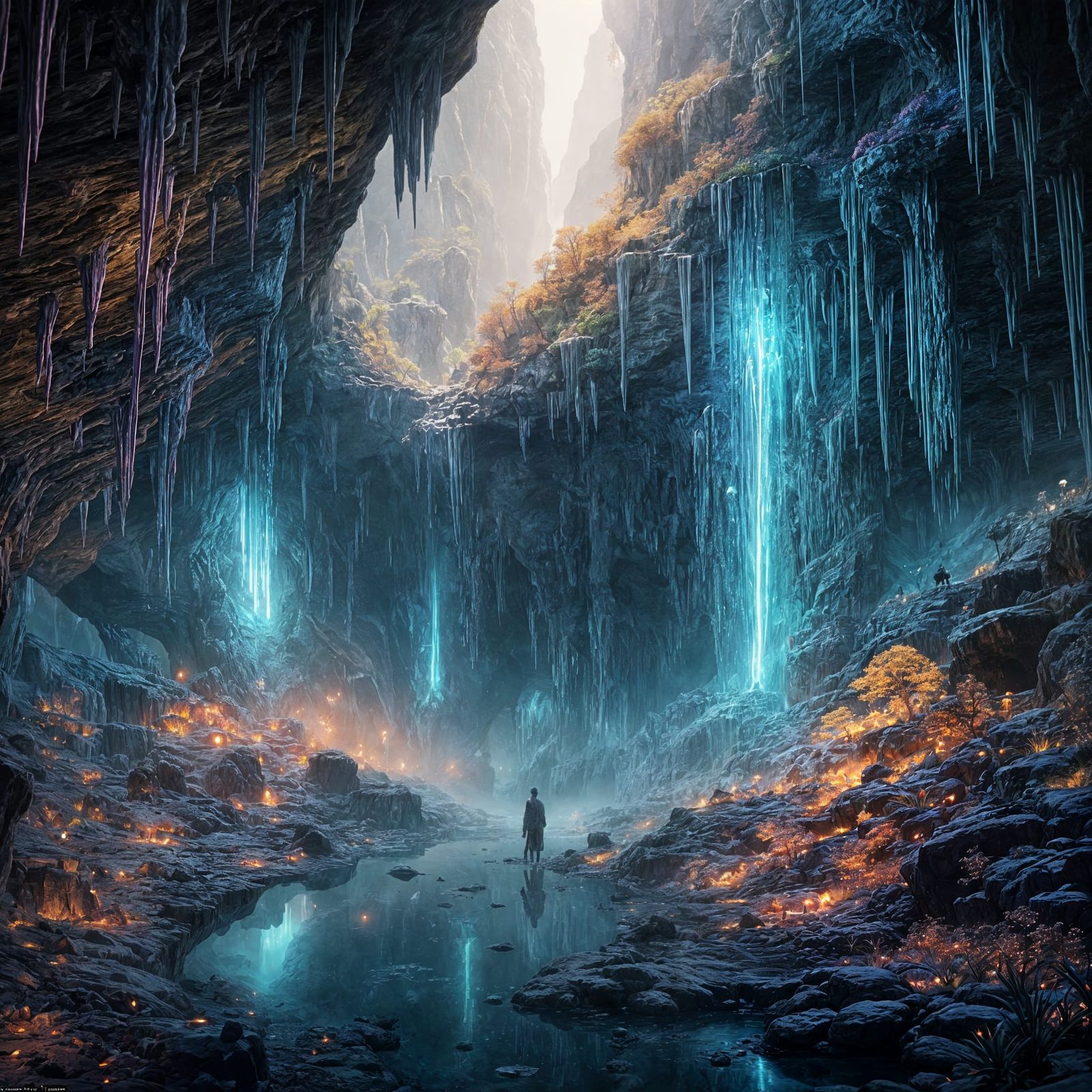 Mysterious Underground Cave with Glowing Crystals