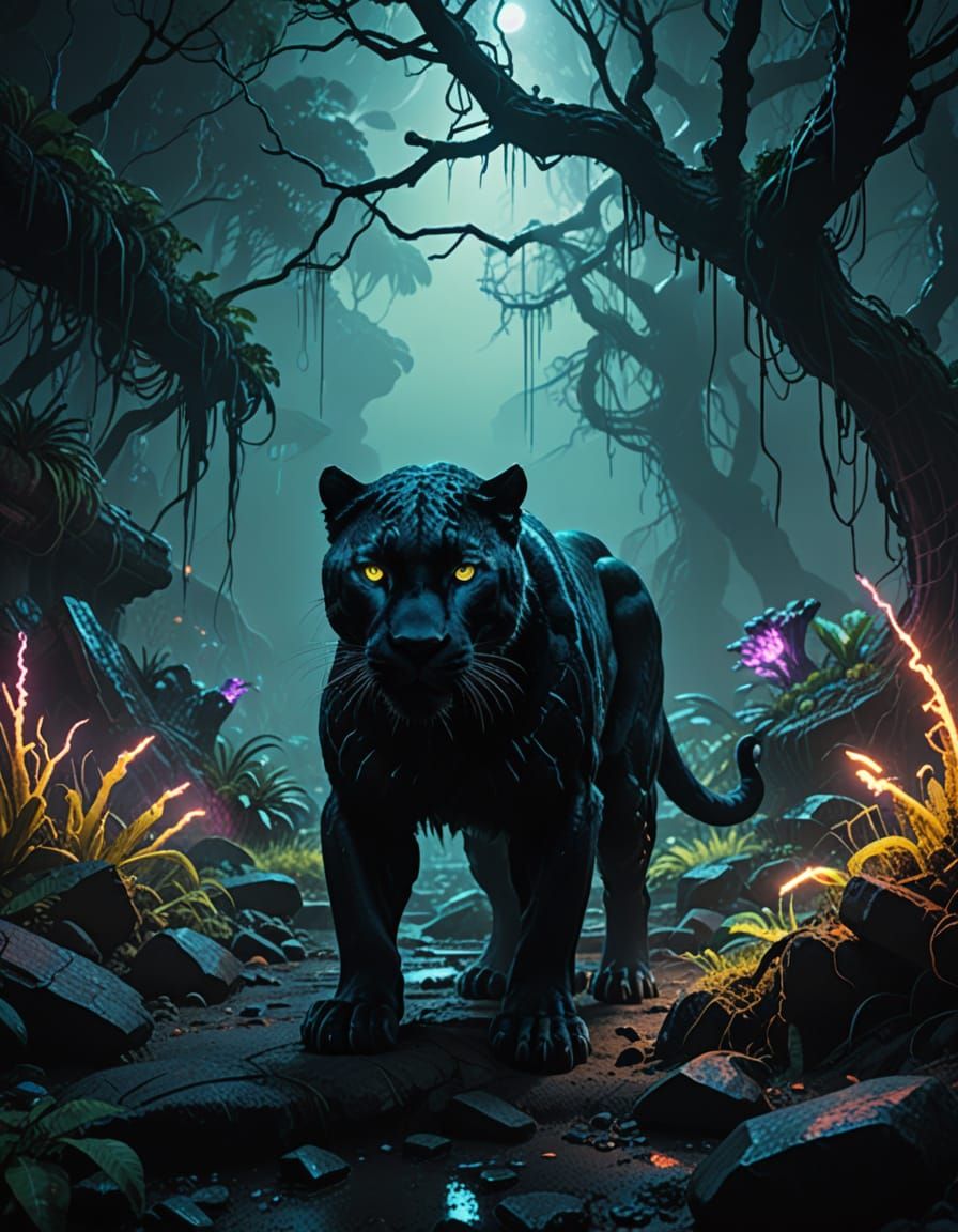 Midnight Panther Emerges from Cyberpunk Jungle