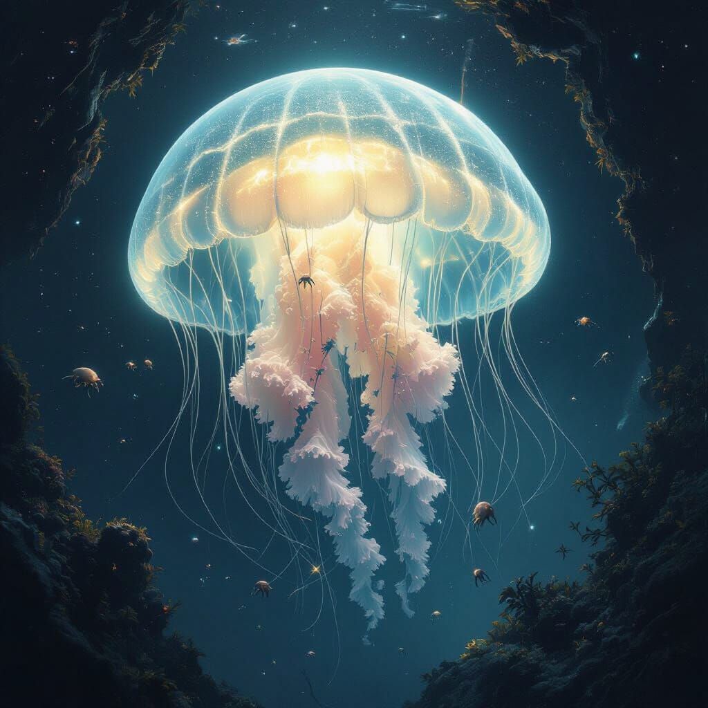 Bioluminescent Jellyfish Drifting Through Space