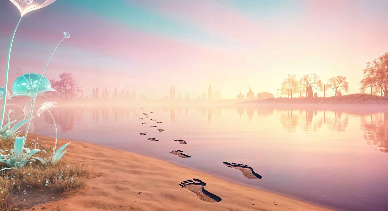 Ethereal Footprints on Glassy Lake in Surreal Dreamscape