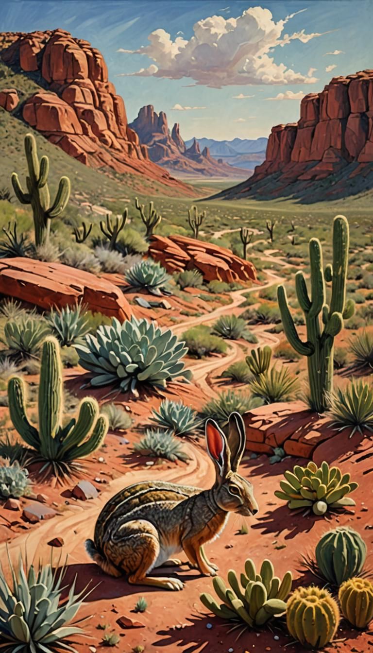 West Texas Landscape with Jackrabbit, in Oil Paint