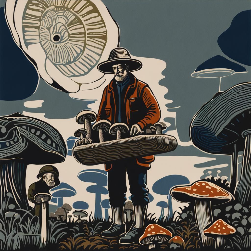 Linocut Print of Ceramic Workers Tending Mushrooms