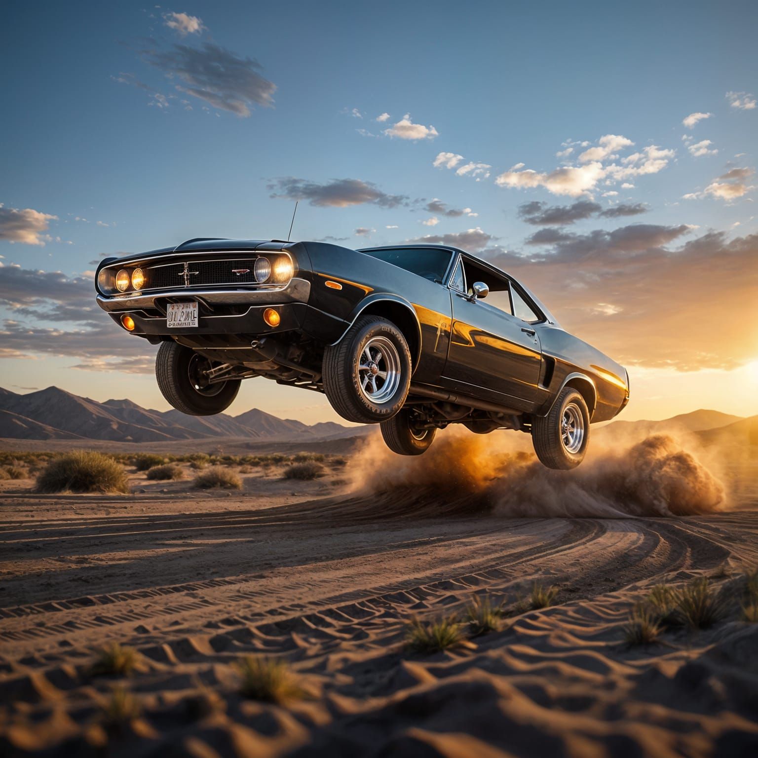 Muscle Car Launching Off Dirt Ramp at Sunrise