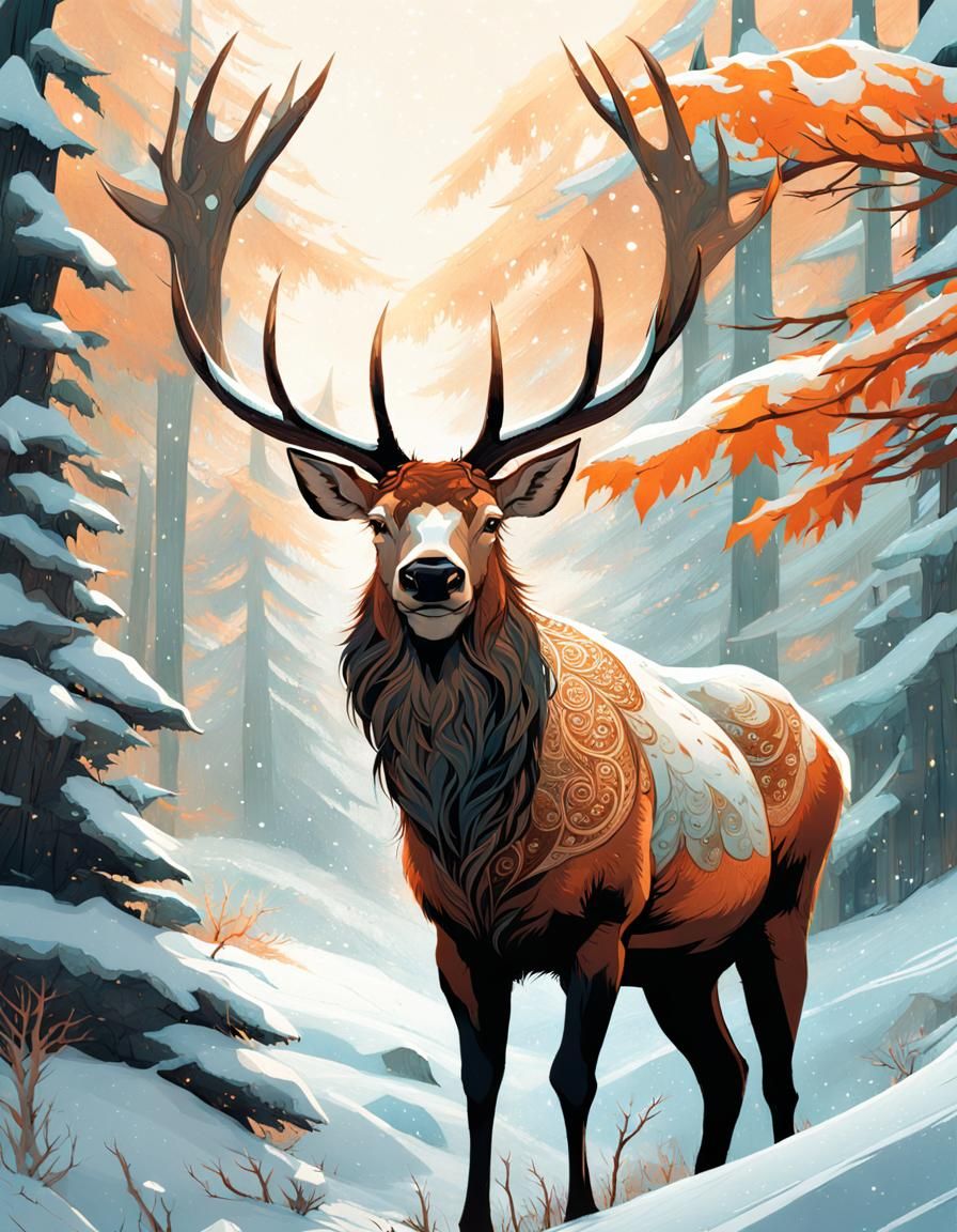 Elk in Beanie Winter Scene: Digital Art