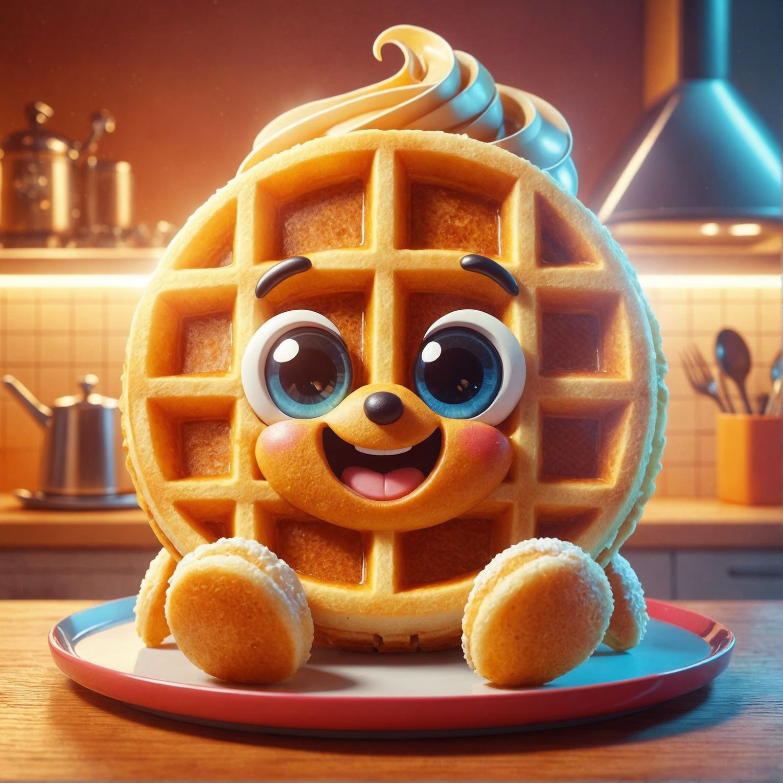 Delightful Anthropomorphic Waffle Portrait in Kitchen Settin...