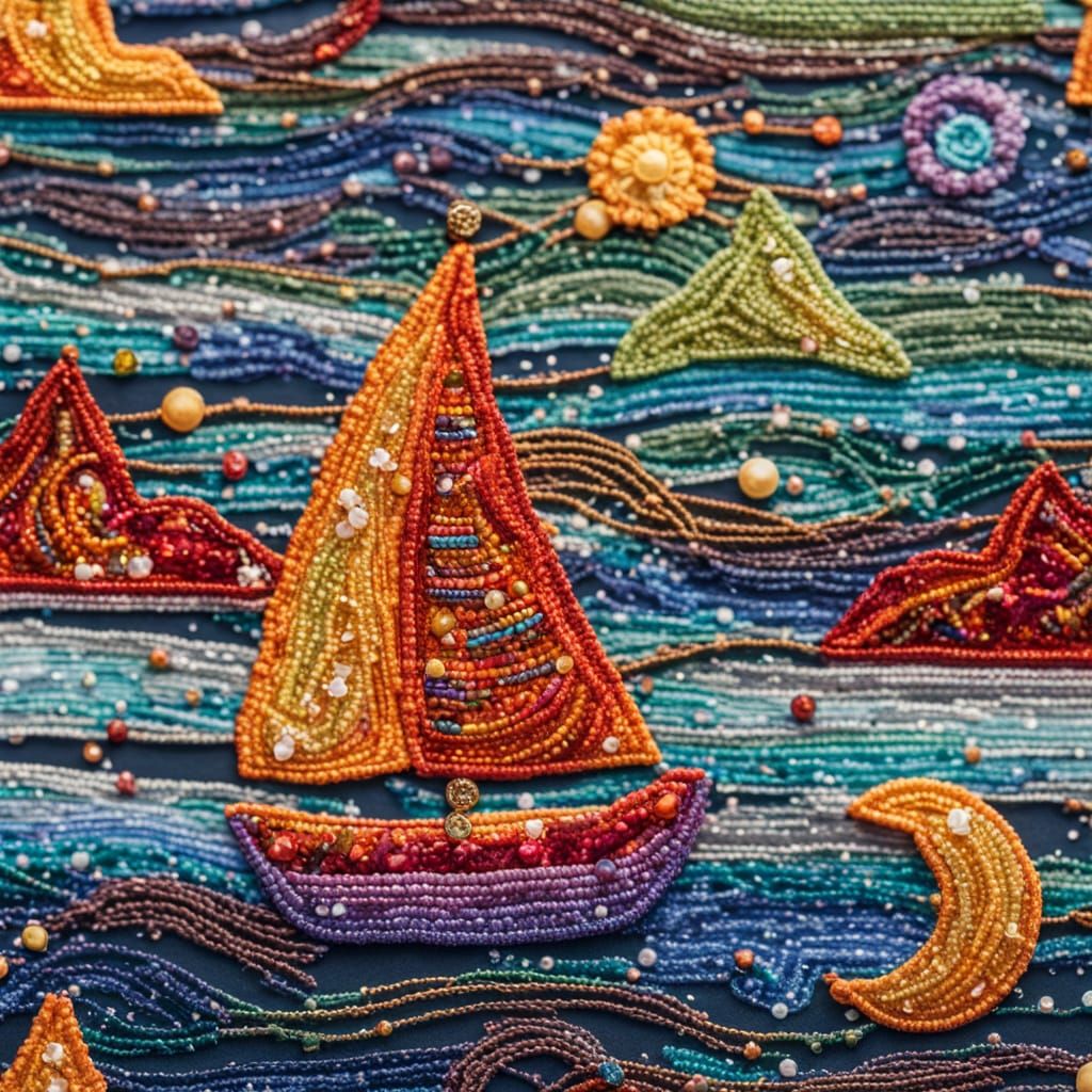 Whimsical Embroidered Boat on Sparkling Sea