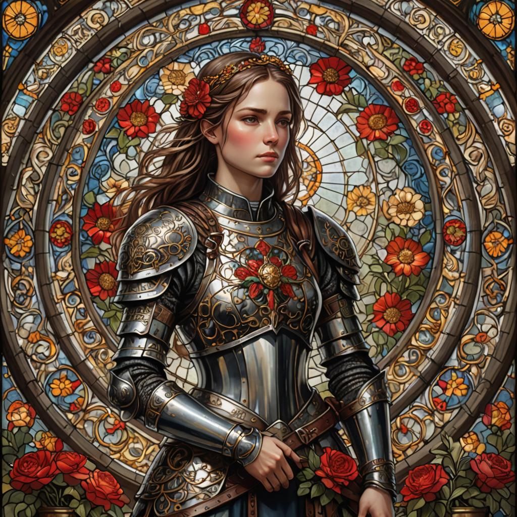 Medieval Female Warrior Before Stained Glass Window