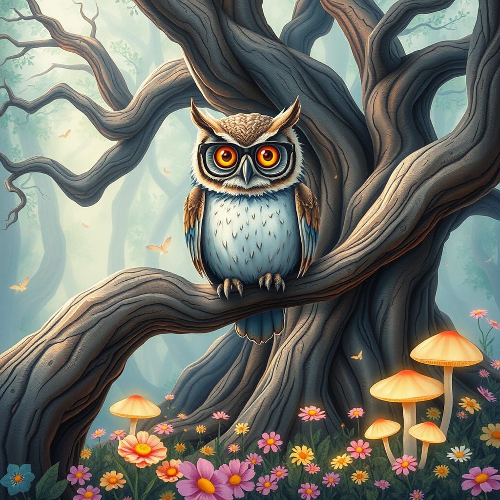 Wise Owl in Mystical Forest Watercolor Painting